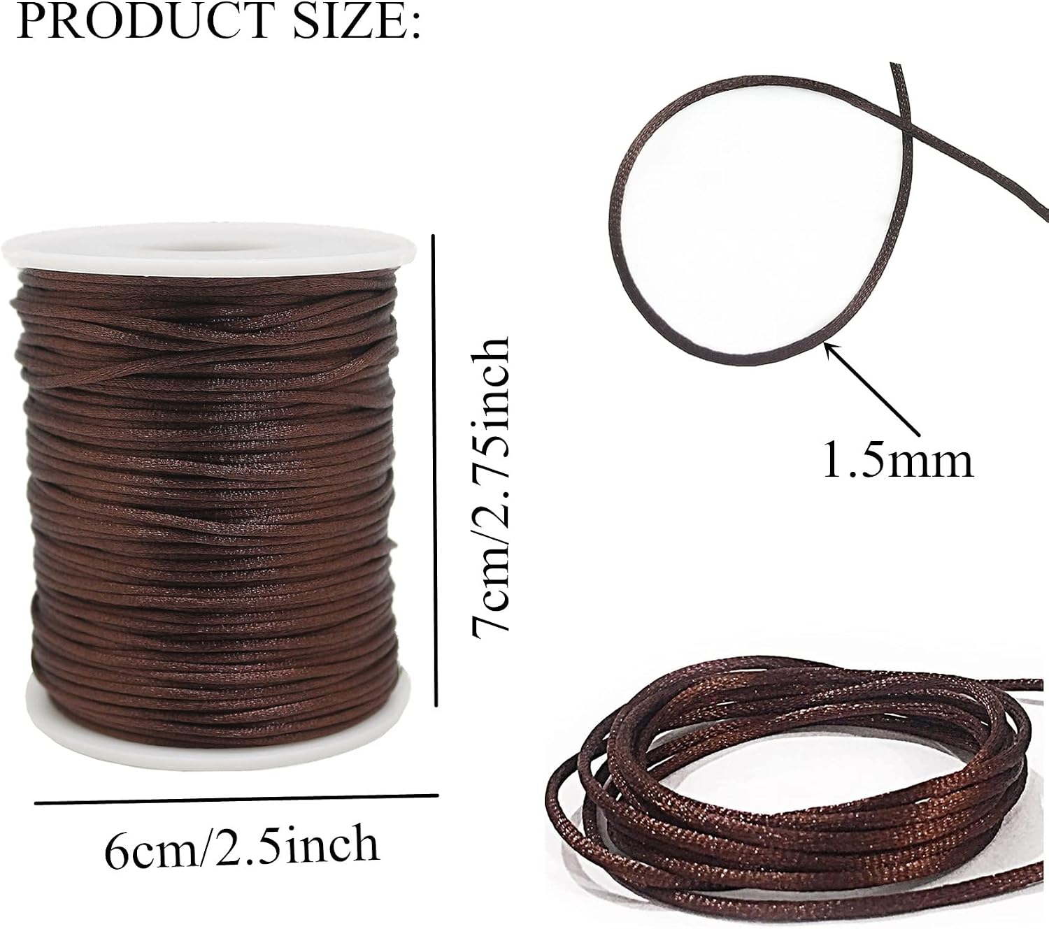 Satin Nylon Trim Cord, 263Feet 1.5mm Rattail Beading String Cord for Arts and Crafts, Macrame Bracelets, Necklaces,DIY, Jewelry Making(Brown)