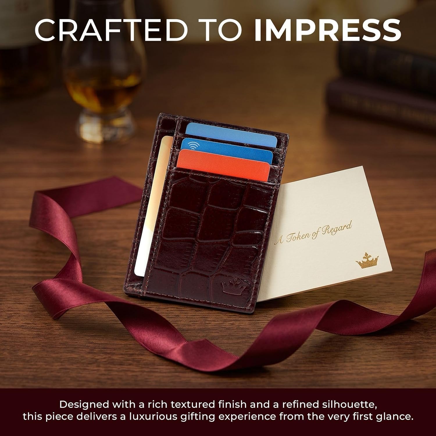 Genuine Leather Slim Card Holder Wallet for Men – Premium and Stylish Card Holder with Capacity for 7-10 Cards and Currency Compartment – Stylish and Functional Leather Wallet (CHERRY)
