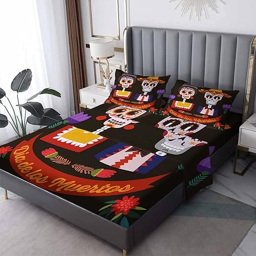 Day of The Dead - Juego de sábanas divididas tamaño King para cama ajustable, sábanas de esqueleto mexicano, sábanas y fundas de almohada, 5 piezas,