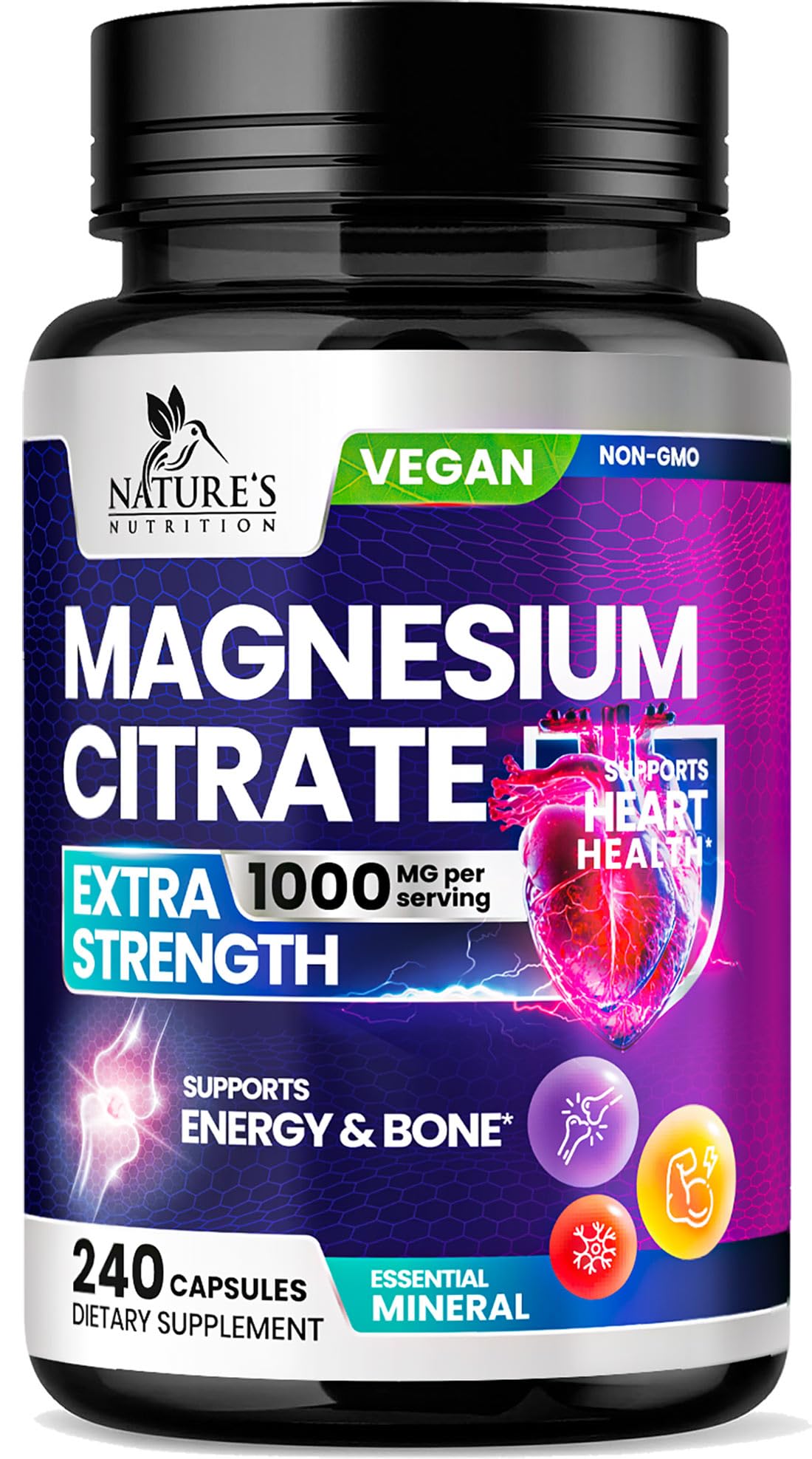 Magnesium Citrate 1000mg Per Serving - 3X Strength Magnesium Supplement for Bone, Muscle, Heart, Natural Sleep Support for Men & Women, Vegan Mag Mineral Pills, Non-GMO, Bottled in USA - 240 Capsules 240 Count (Pack of 1)