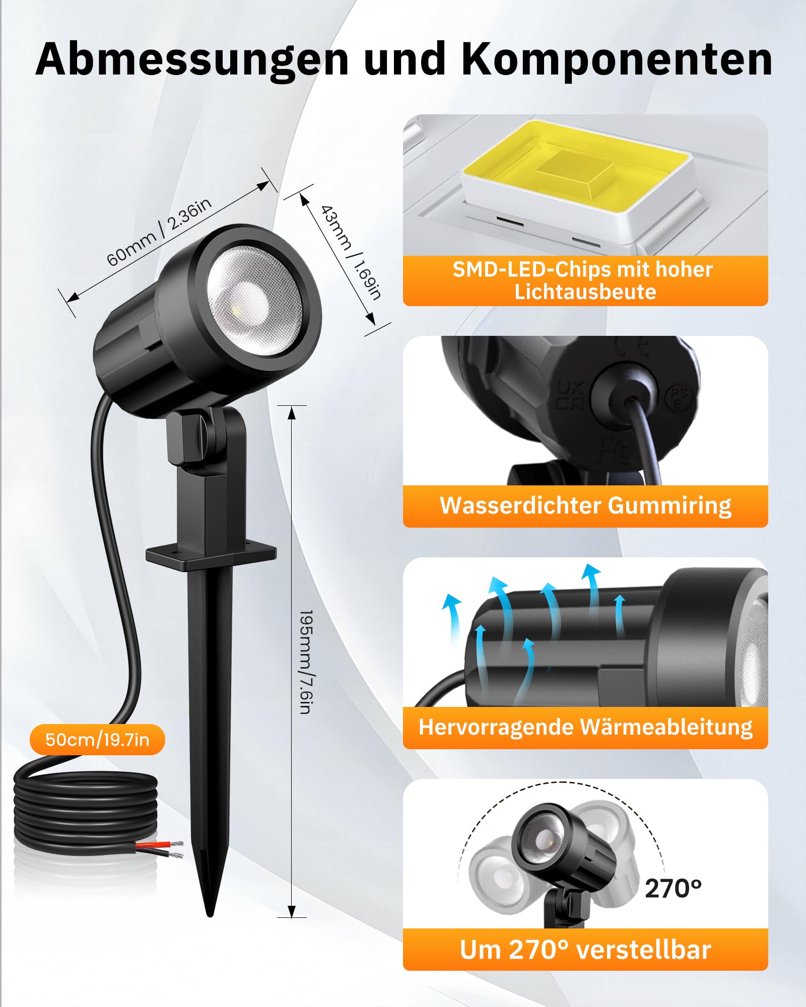 MEIKEE Gartenbeleuchtung Warmweiß 3 W 330 LM 12 V–24 V LED-Strahler 8 Stück | Gartenstrahler mit Transformator, Anschlüssen, 20 m Kabel, EU-Stecker, wasserdicht nach IP66 für Gartenwege, Innenhöfe, Bäume