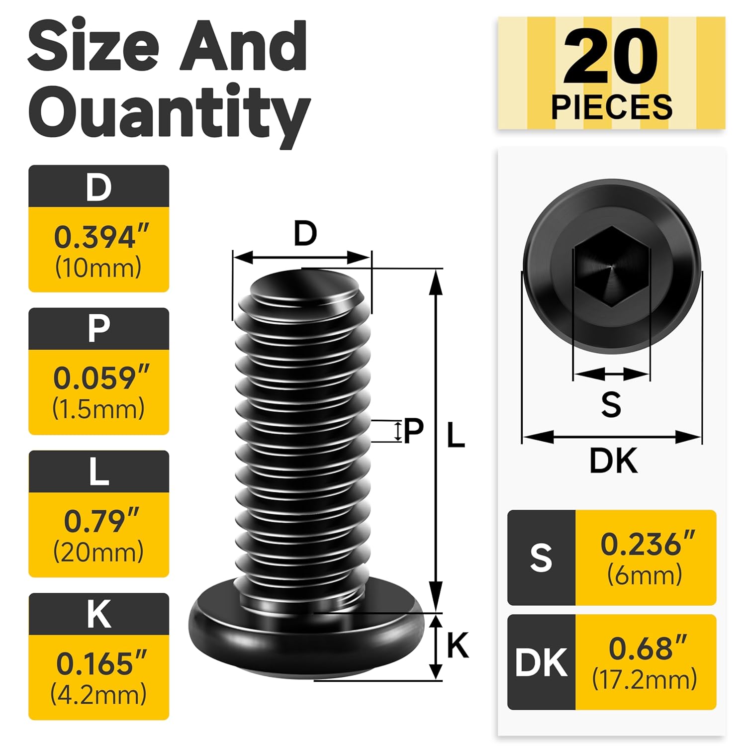 Mywish M10 x 20mm 20Pcs Flat Head Hex Socket Cap Screws Bolts, 304 Stainless Steel Furniture Bolts Full Thread & Hex Spanner, Black Oxide