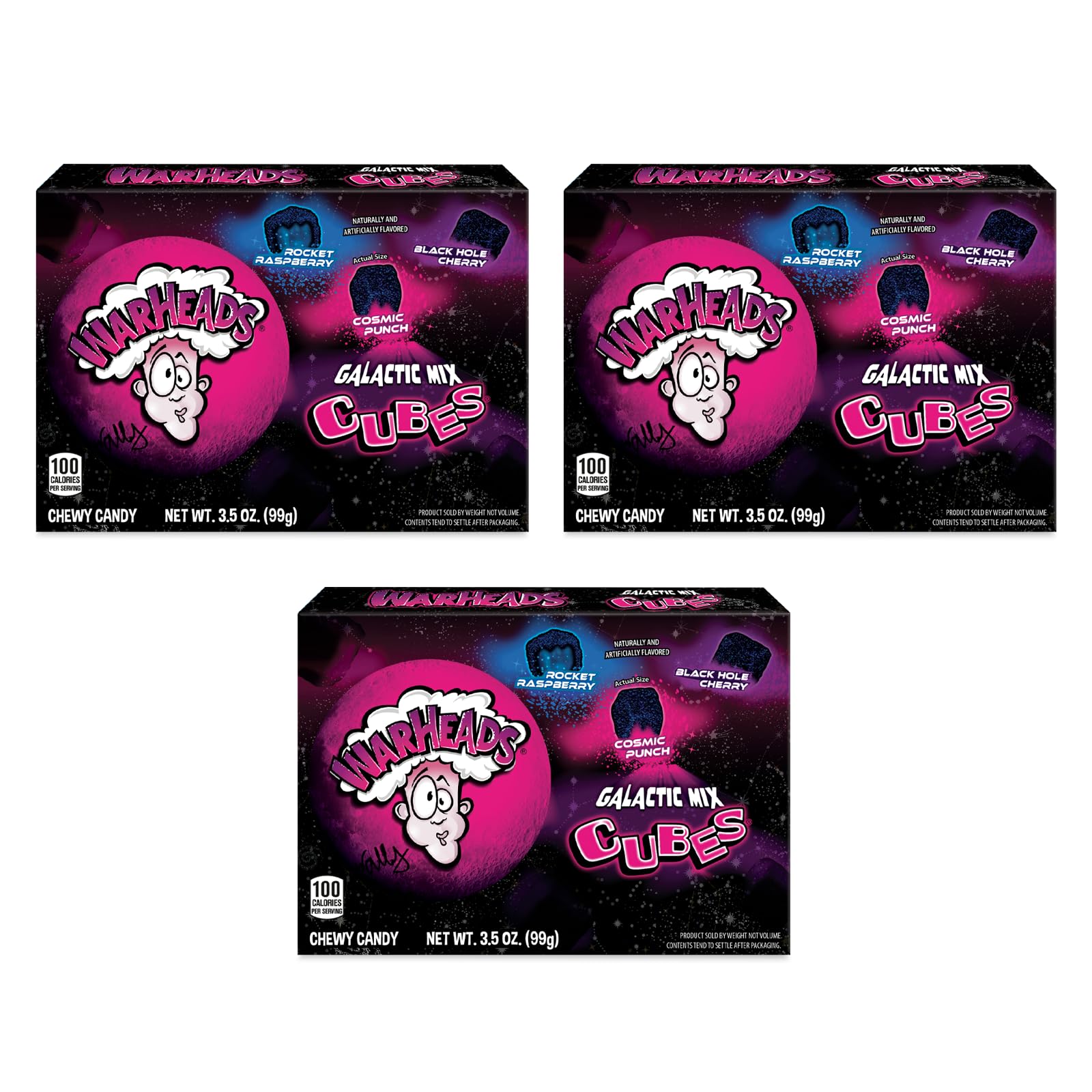 WARHEADS Galactic Mix Cubes - Sour Sweet & Fruity Chewy Candy - Black Hole Cherry, Rocket Raspberry & Cosmic Punch Flavors - 3.5 oz. Theater Boxes - 3 Pack