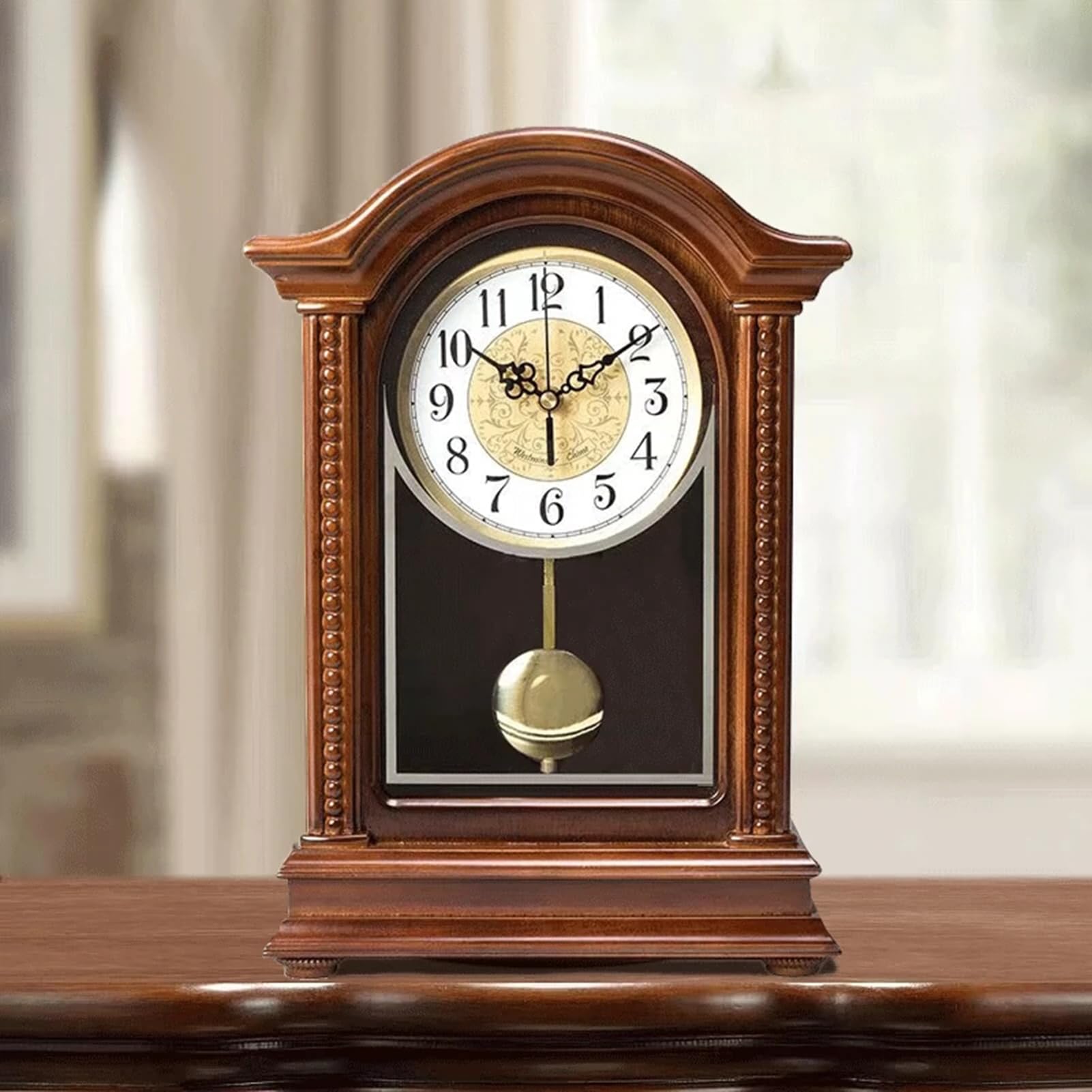 Reloj de péndulo de madera con campanillas – Reloj de mesa mecánico para decoración del hogar, sala de estar u oficina – Campana cada hora, diseño clásico