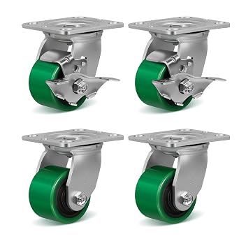 3 Inch Caster Wheels, Heavy Duty Caster with Strong Load-Bearing, Polyurethane Wheel on Steel Hub, Supports 800 lbs Each2 Brake & 2 Swivel
