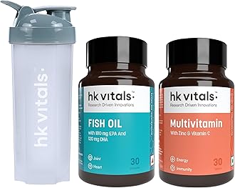 hk vitals Fish Oil and Multivitamin (30 Tablets Each) | 1000mg Omega 3 with 180mg EPA & 120mg DHA | Combo Pack with Shaker, 650ml