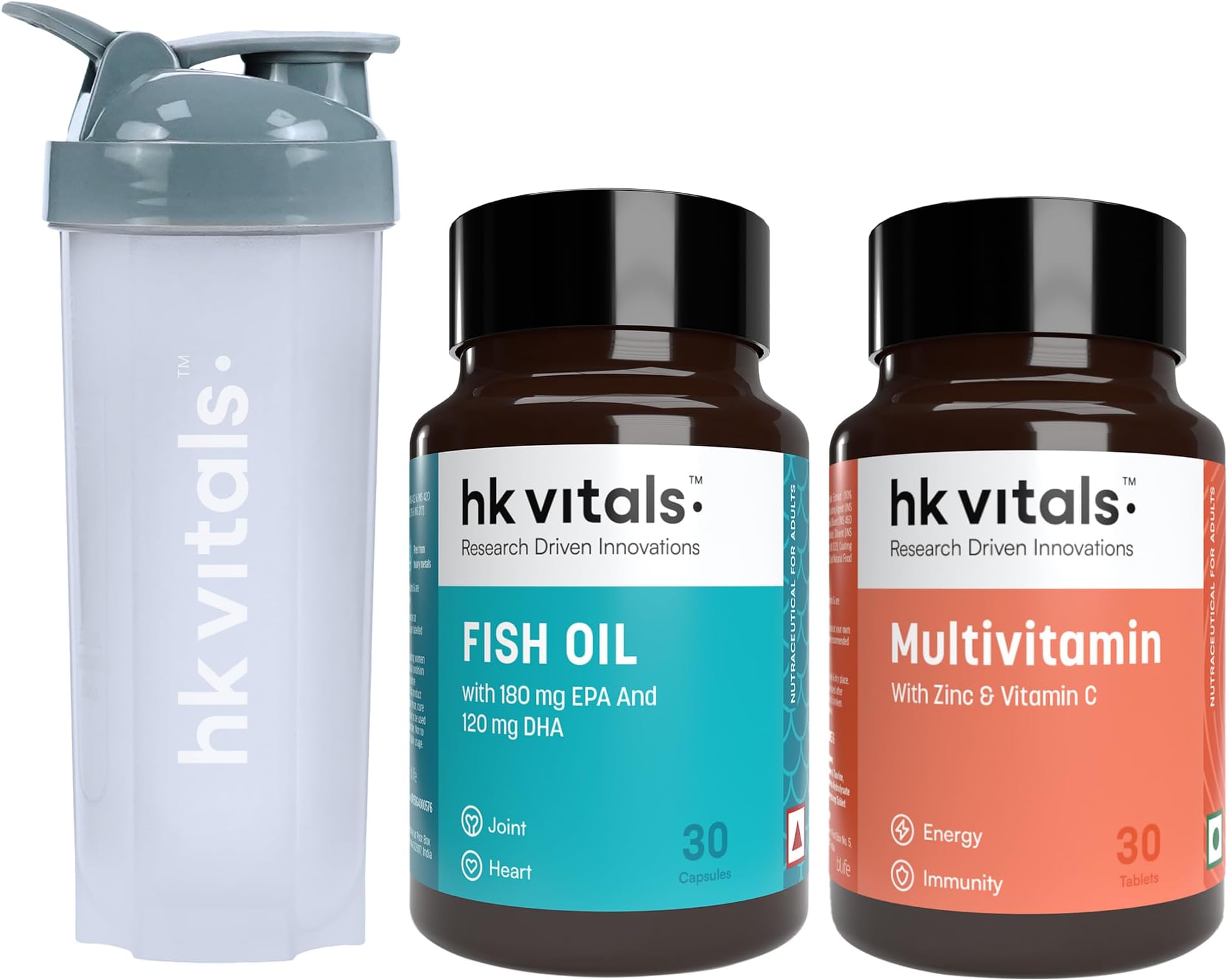 Fish Oil and Multivitamin (30 Tablets Each) | 1000mg Omega 3 with 180mg EPA & 120mg DHA | Combo Pack with Shaker, 650ml