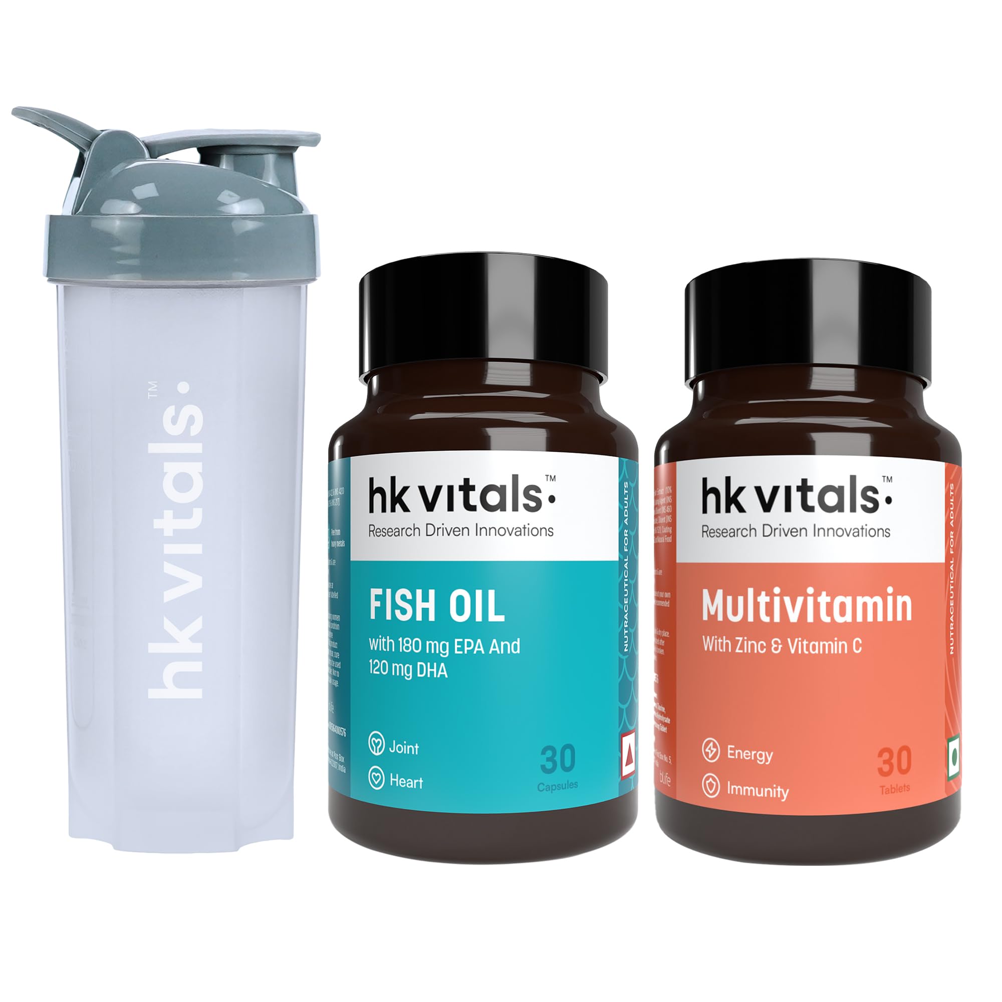 hk vitals Fish Oil and Multivitamin (30 Tablets Each) | 1000mg Omega 3 with 180mg EPA & 120mg DHA | Combo Pack with Shaker, 650ml