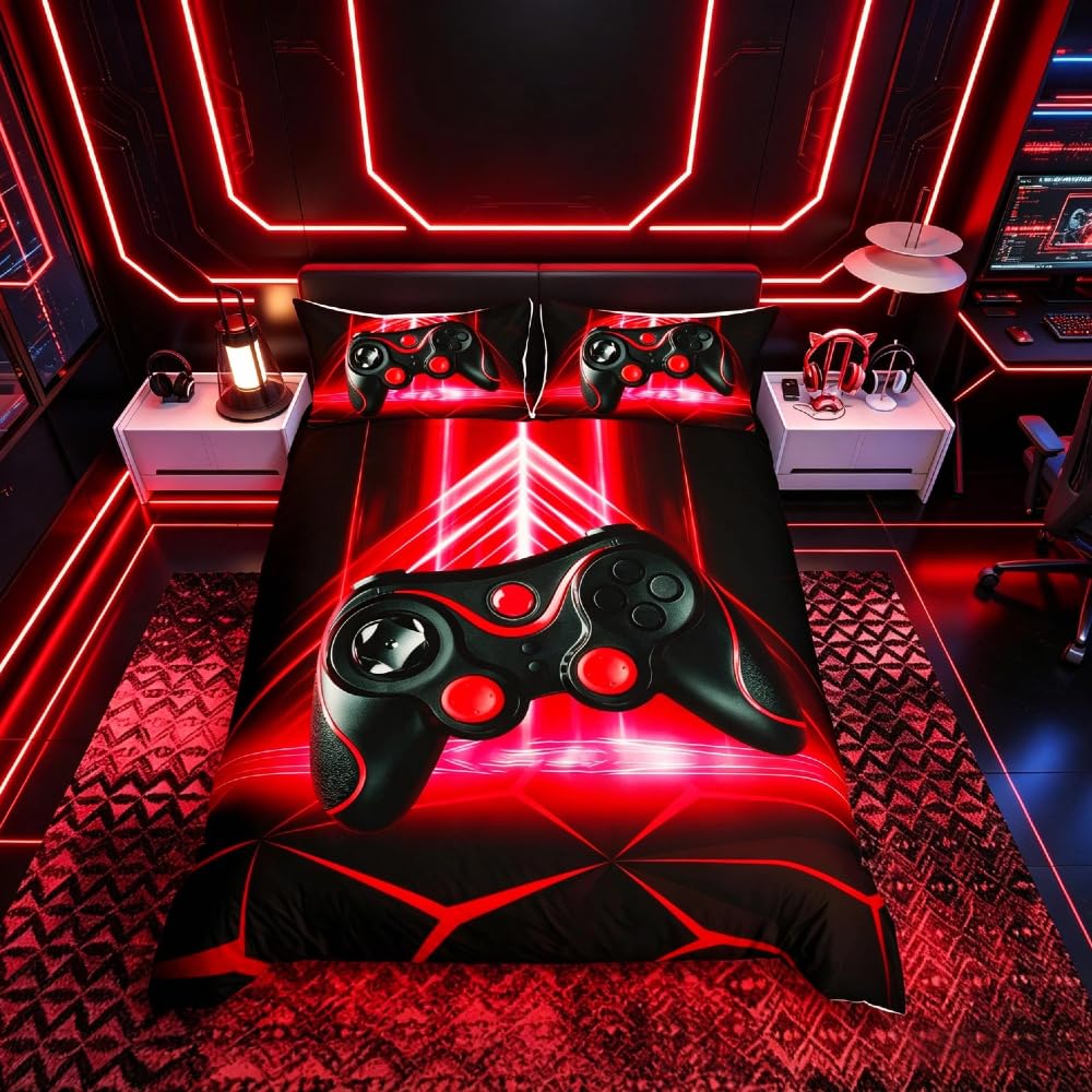 Homemissing Games Comforter Cover Set Boys Teens Video Game Gamer Gaming Bedding Set Kids Geometric Triangle Duvet Cover Set Game Controller Quilt Cover Bedroom Collection 3Pcs Super King,Red — image 1