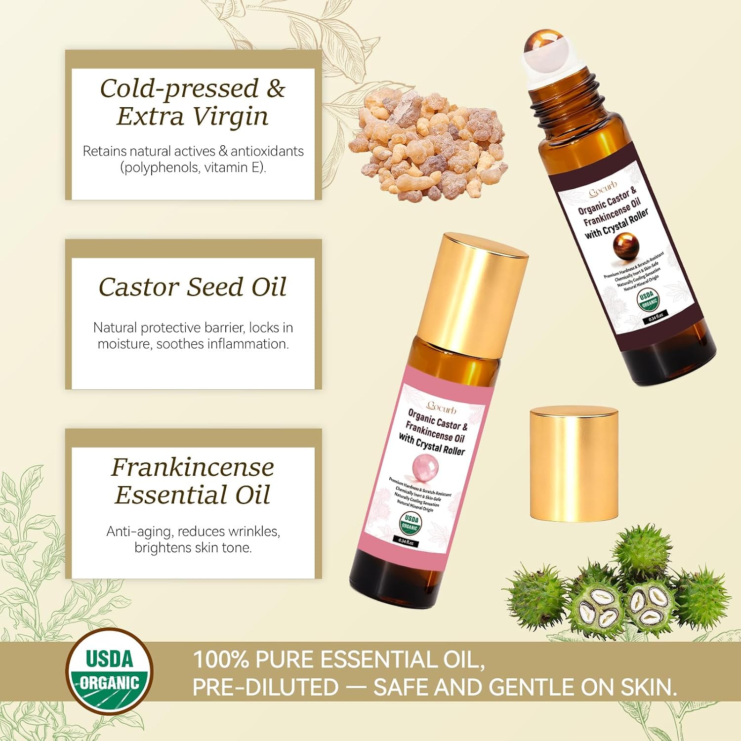 Organic Castor Oil and Frankincense Essential Oil with Natural Quartz Roller, Face Oil for Under-Eye Area, Anti-Aging, Smooth Fine Lines & Wrinkles, 10 mL Portable Travel Size(2 Pack)