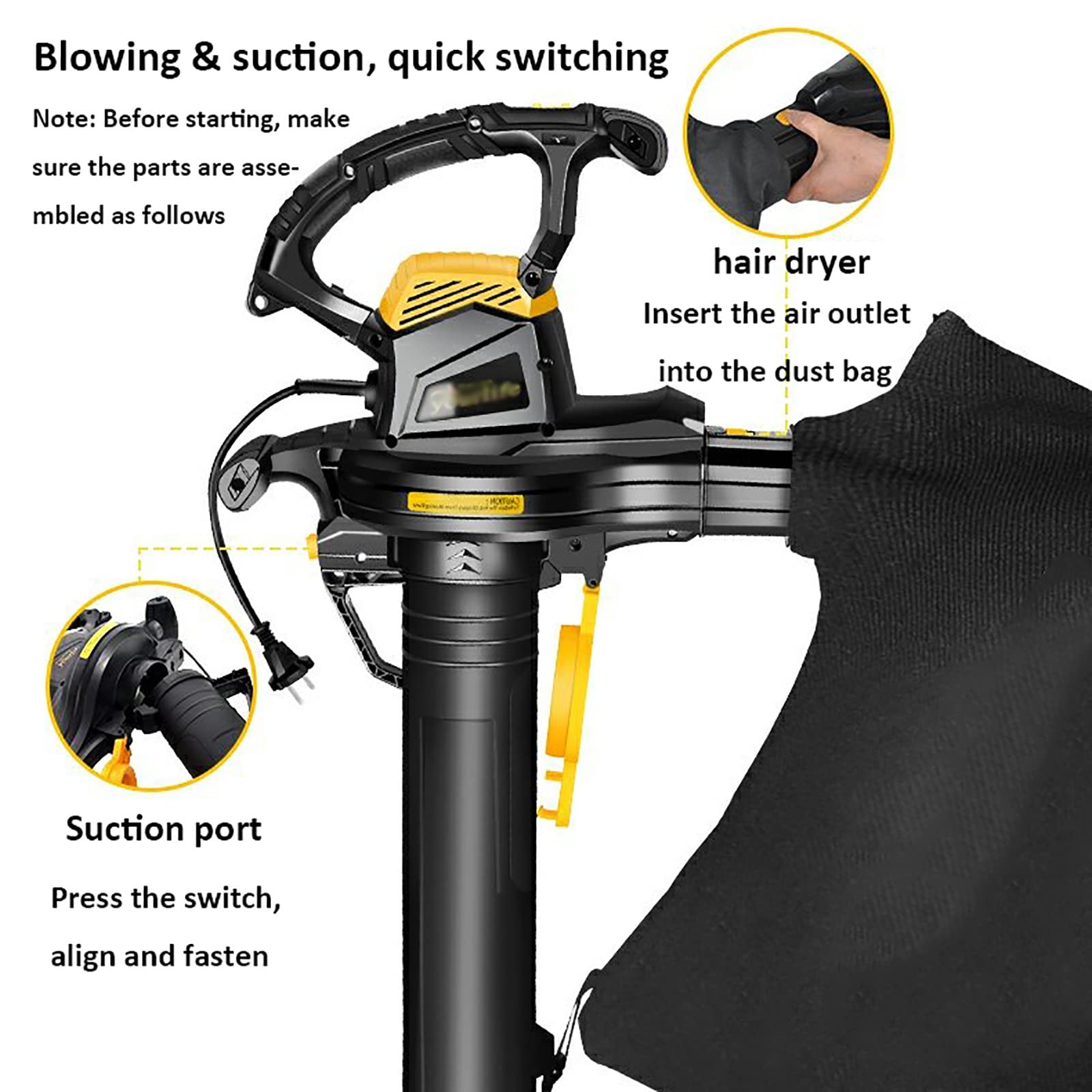 Soplador de Hojas eléctrico, soplador/Aspirador/triturador de jardín, con Bolsa recolectora de 40 L, Ajuste de 6 velocidades