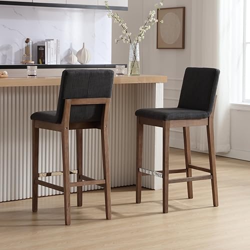 Miniatura 3 de Juego de 2 taburetes de madera de mediados de siglo, modernos de 26 pulgadas de altura de mostrador con respaldo y reposapiés, cómodos taburetes de
