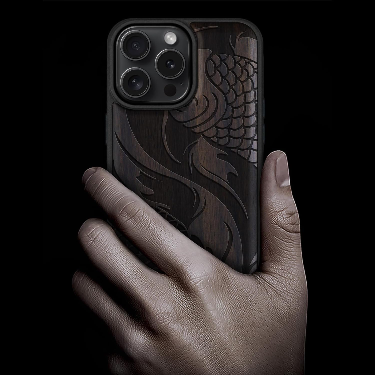 Carveit Magnetic Wooden Case for iPhone 16 Pro Max Case, Wood Artisan Engraved & Black Soft TPU Shockproof Cover, Compatible with MagSafe Wireless Chargers (Yin Yang Koi Fish Symbol) Blackwood
