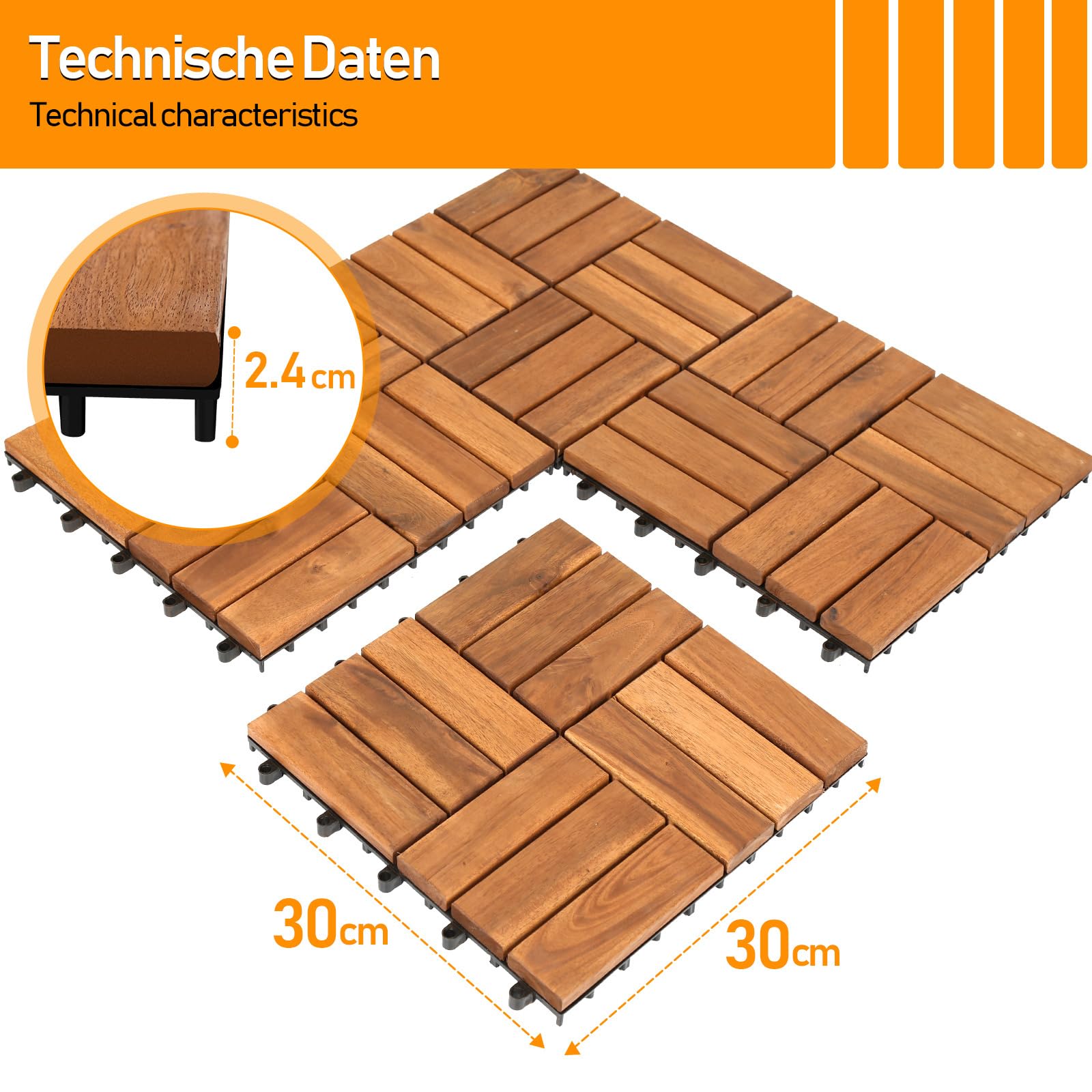 Piastrelle in legno per terrazze, 110 piastrelle per 10 m², 30 x 30 cm, piastrelle per balconi resistenti agli agenti atmosferici con sistema di drenaggio, in legno di acacia con sistema di