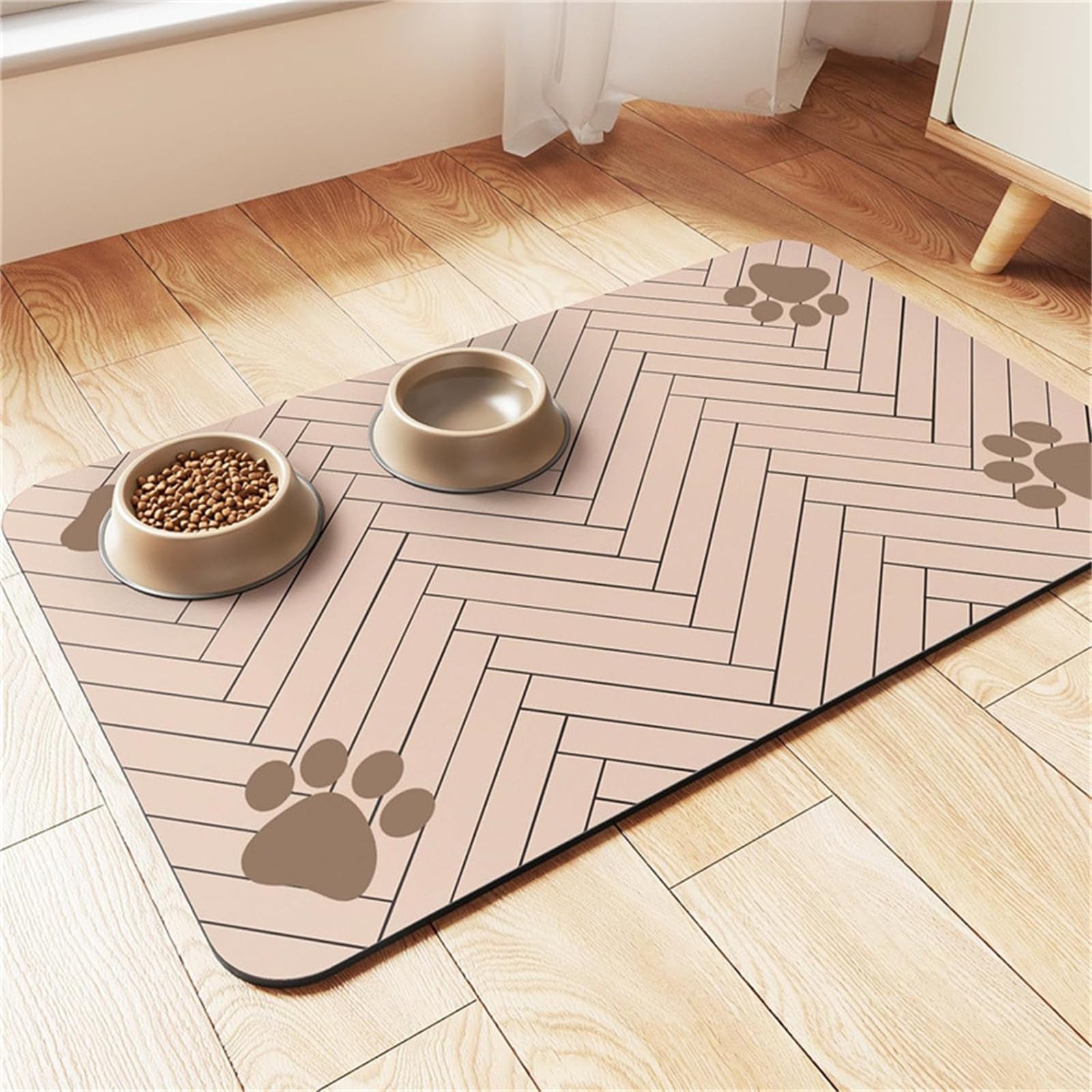 Hixingo Pet Food Mat, Absorbent Quick Dry Pet Feeding Mat with Non-Slip Rubber Backed, No Stains Dog Cat Placemat Dog Bowl Food and Water Bowl for Messy Drinkers Floors -Stripe (Pink,30x40cm)
