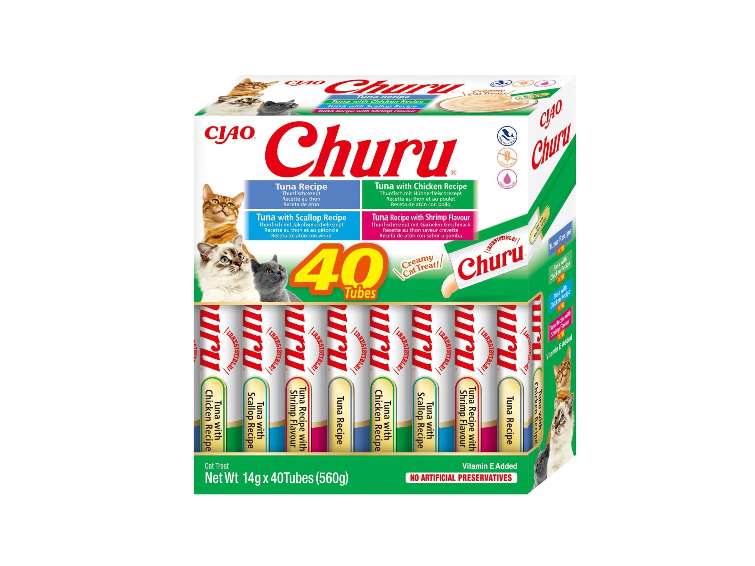 INABA Churu - Friandises pour Chats en Purée aux 4 Saveurs de Fruits de Mer et Thon - Délicieux Snacks pour Félins - Texture Lisse et Onctueuse - Nourriture pour Chats - 40 Tubes x 14g