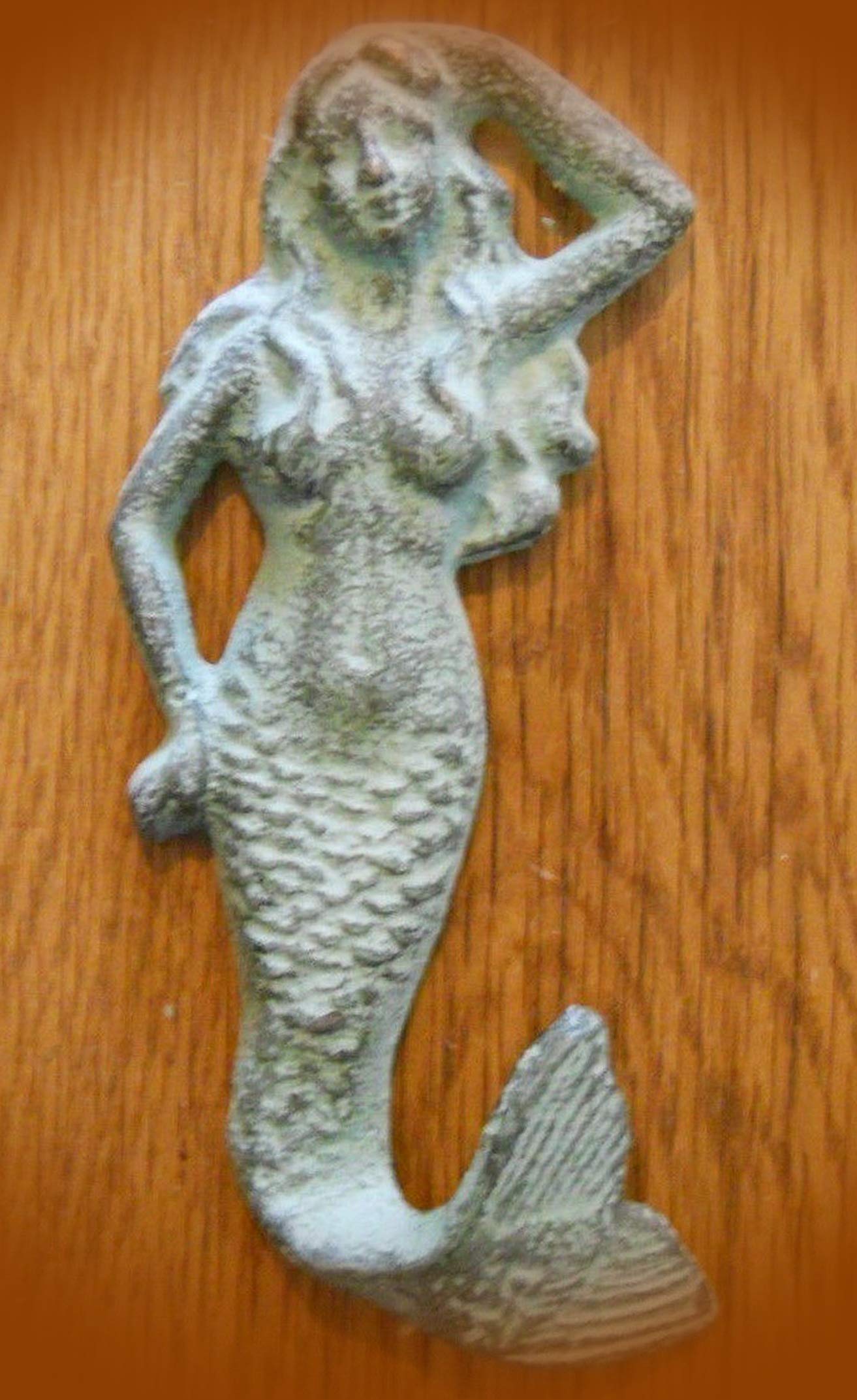 Mermaid Towel Hooks Hat Rack Nautical Swimming Pool Hook Green Vintage Cast Iron Supplies for Home Decor by CharmingSS (with NO Screws)