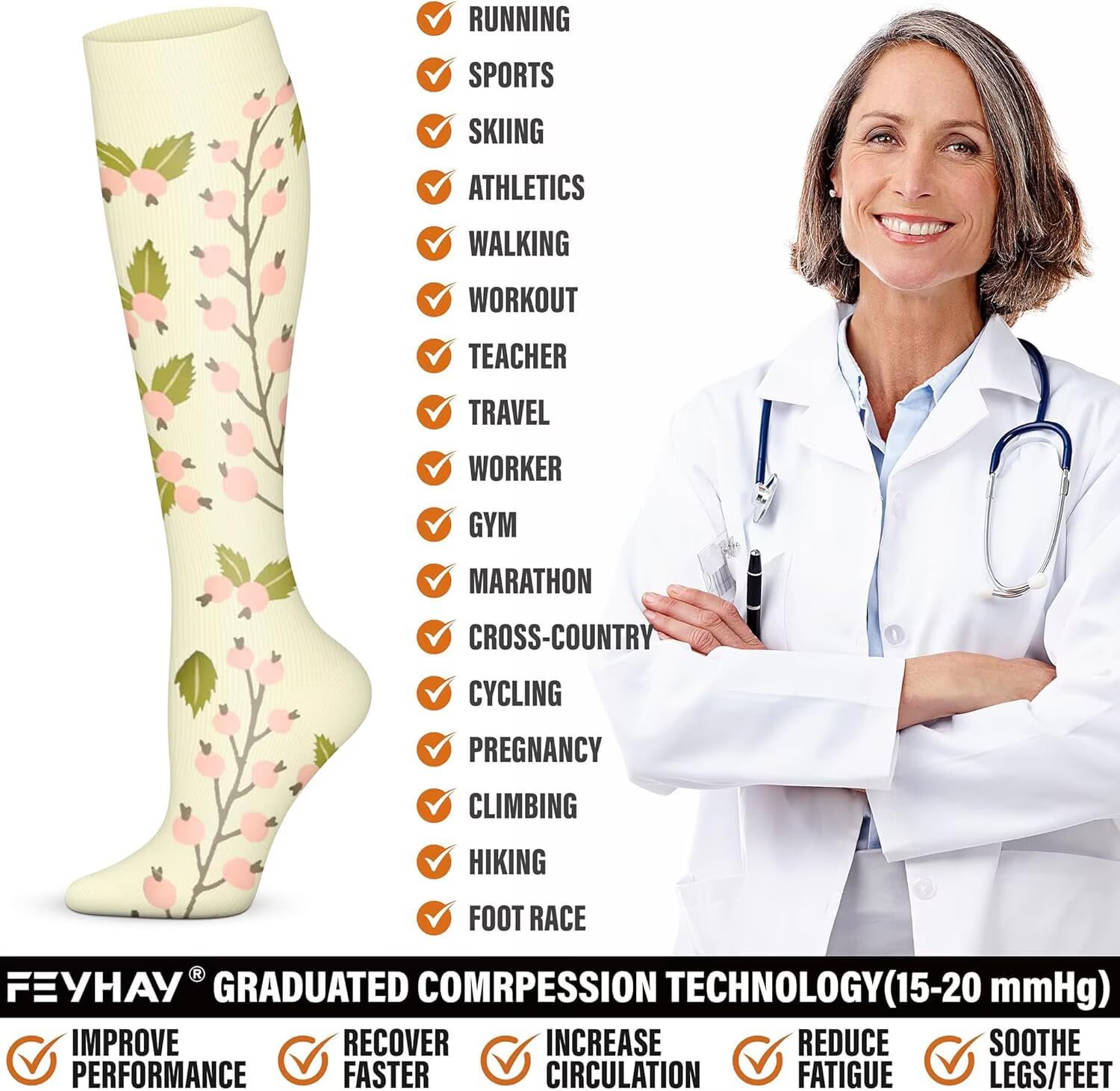 Lot de 6 chaussettes de compression pour homme et femme 15-20 mmHg - Meilleur soutien pour la circulation médicale, la course, les soins infirmiers, l'athlétisme