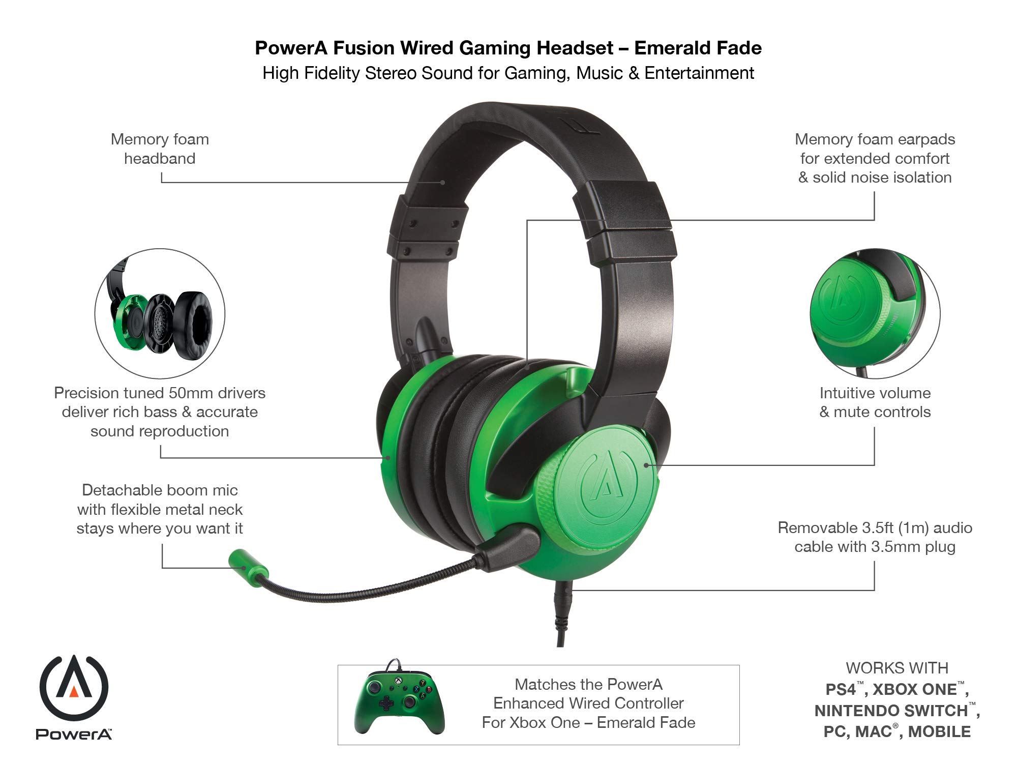 PowerA Fusion Cuffie da Gioco Cablate con Microfono Staccabile - Compatibili con PlayStation 4, Xbox (One, One X, One S, 360), Nintendo Switch, Mac, Android, IOS, Verde Smeraldo Sfumato