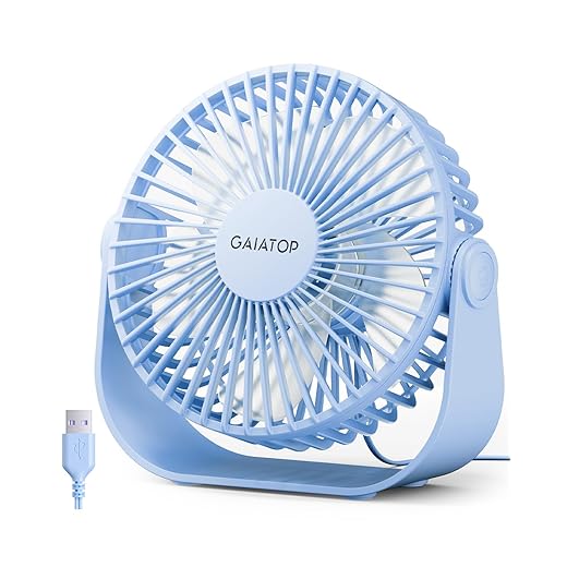 Gaiatop USB Desk Fan, 3 Speeds Strong Airflow, 5.5 Inch Portable 90° Rotate Quiet Cooling, Small Personal Table Fans for Bedroom Home Office Travel Blue
