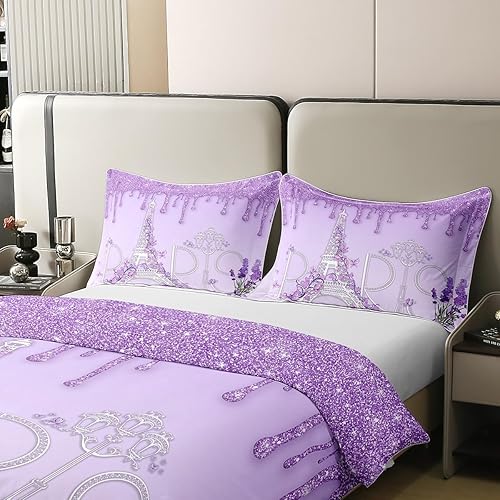 Miniatura 4 de Juego de funda de edredón de algodón 100% natural de la Torre Eiffel, tamaño completo, degradado morado y blanco con purpurina, juego de ropa de