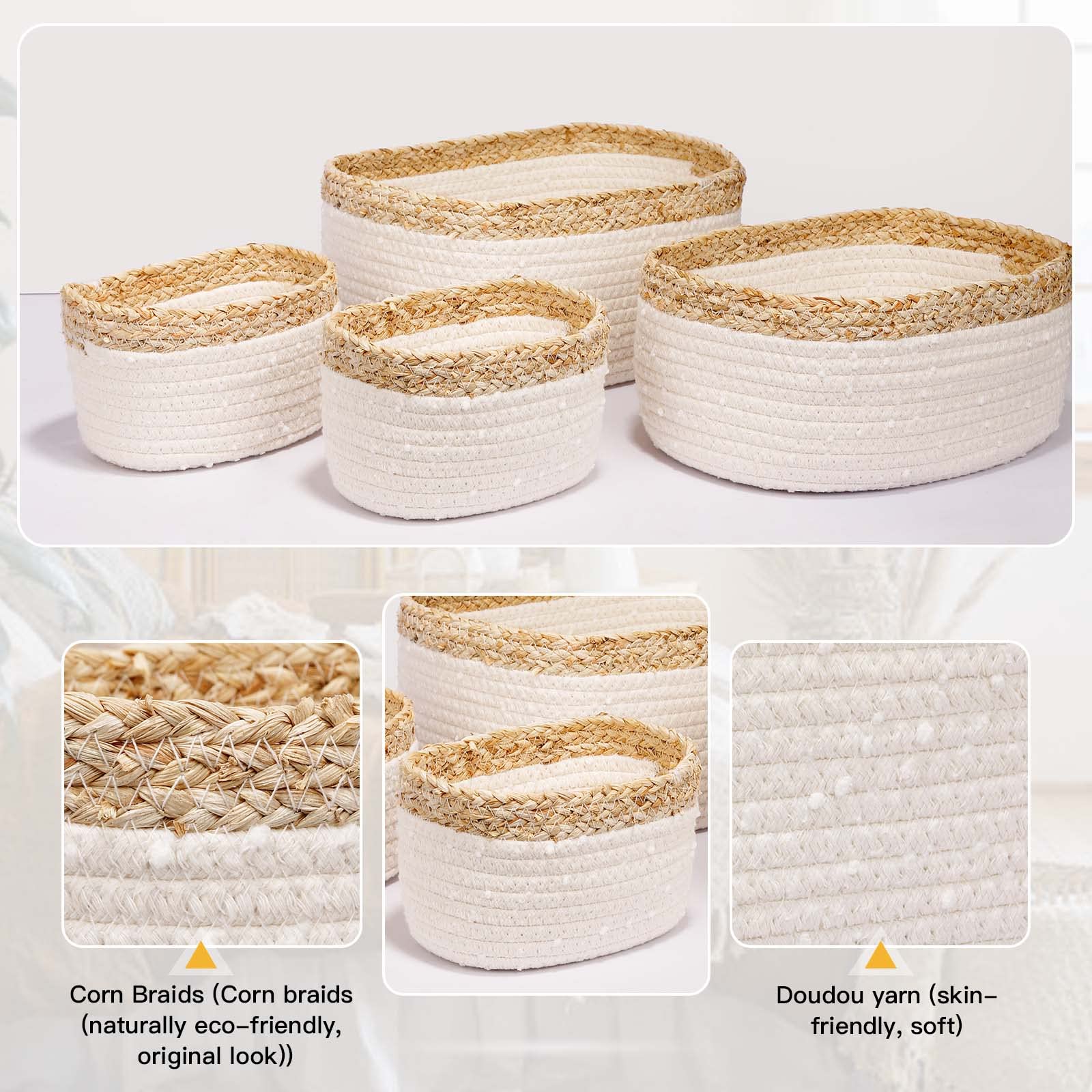 Panier de rangement enfants corde tressée 4 set, salle de bain, table à langer empilable et polyvalent pour décoration chambre d’enfant jouets lingettes humides