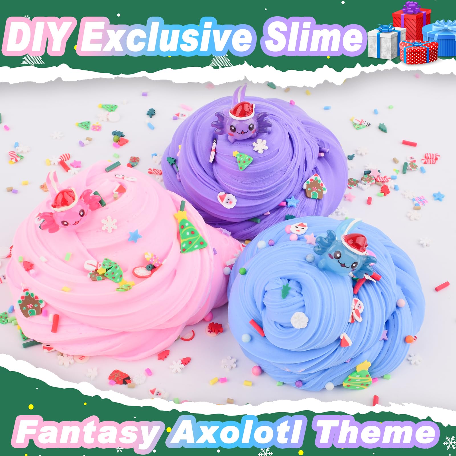 3 Pack Christmas Butter Slime, Pink, Blue, Purple Axolotl Charms, Soft, Stretchy, Scented Slime Party Favor for Girls & Boys - Image 3