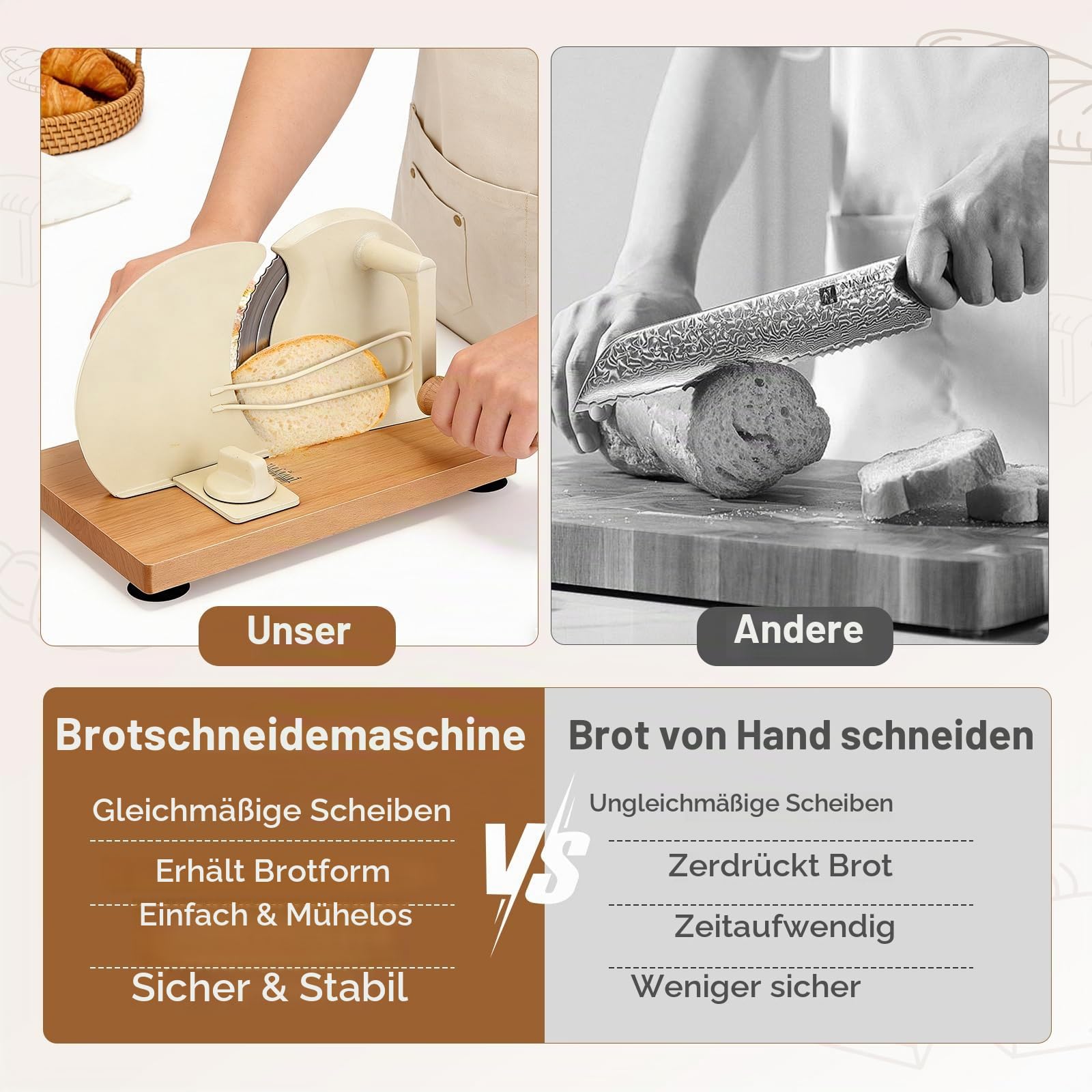 Brotschneidemaschine manuell mit Holzrahmen & Edelstahlklinge, Einstellbare Schnittstärke 0-2 cm, Ideal für Brot, Baguette & Brötchen, Hobel für gleichmäßige Scheiben