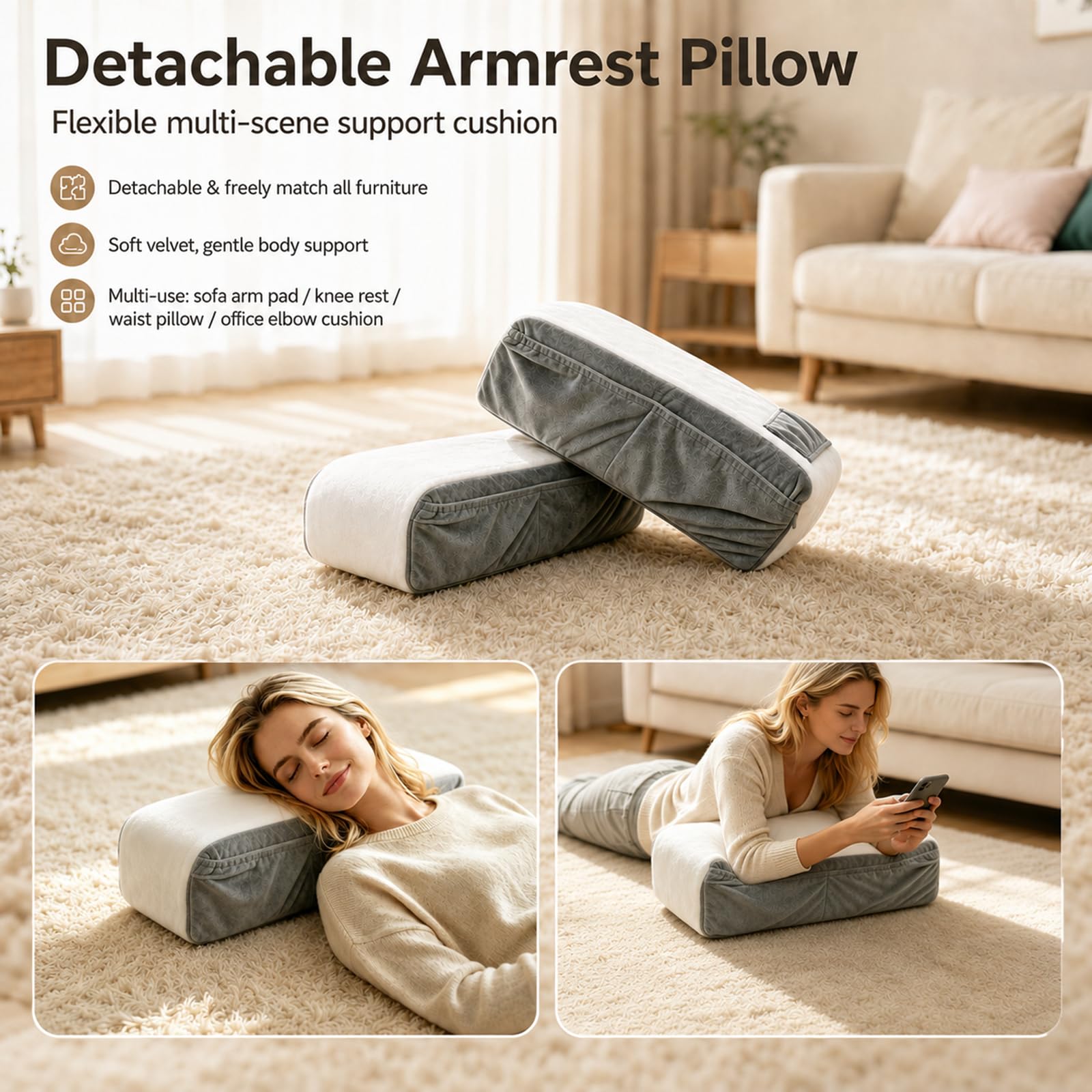 ALLUMK Almohada de Lectura Ergonómica con Soporte Lumbar y reposabrazos | Funda lavable desmontable, diseño bicolor gris blanco, soporte cervical para adultos en cama y sofá