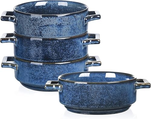 Vicrays Cuencos de cerámica para sopa con asas, platos de sopa de porcelana de 24 onzas para sopa de cebolla francesa, cereales, estofado de carne,