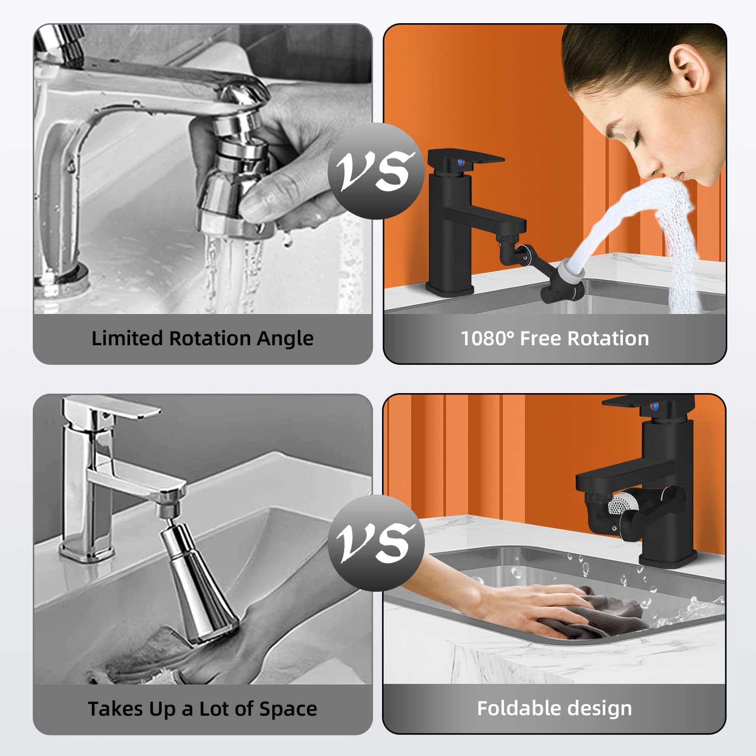 Aireador Grifo Cocina Giratorio de 1080° SELORSS con 2 Modos, Aireador de Grifo de cobre puro, Extensor de Grifo Ahorro Agua, Grifo Universal Cocina/Baño con Filtro de Salpicaduras, Negro (3 Piezas)