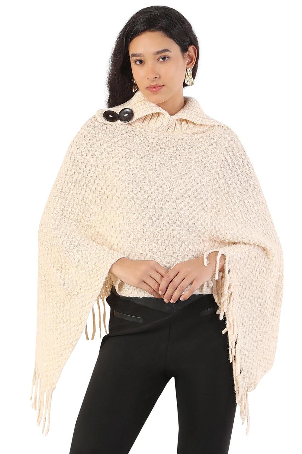 showoffff Women's Turtle Neck Solid Cream Poncho-CHN-1700_Cream-picture-33