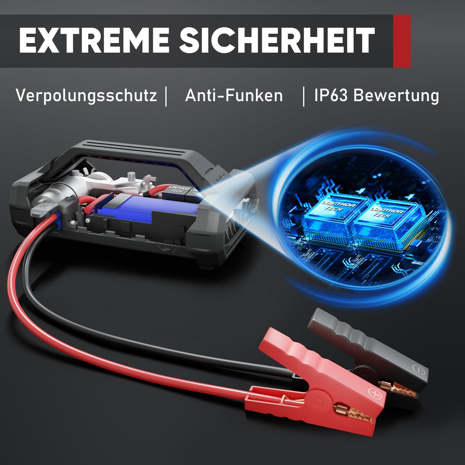 LOKITHOR JA300 Starthilfe Powerbank mit Kompressor, 1500A 12V Autobatterie-Booster 18000 mAh Jump Starter mit Luftpumpe für bis zu 7,0L Benzin oder 4,5L Diesel 150 PSI Reifenfüller mit Digitalanzeige