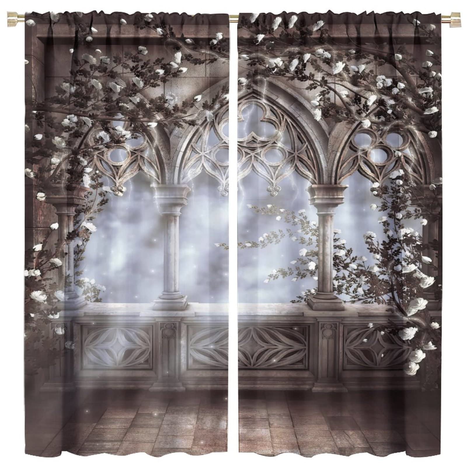 Vintage Castle Window Curtains,Gothic Style Romantic Mid-Century Decor Room Darkening Thermal Insulated Window Curtain for Living Room Bedroom W42xL45in