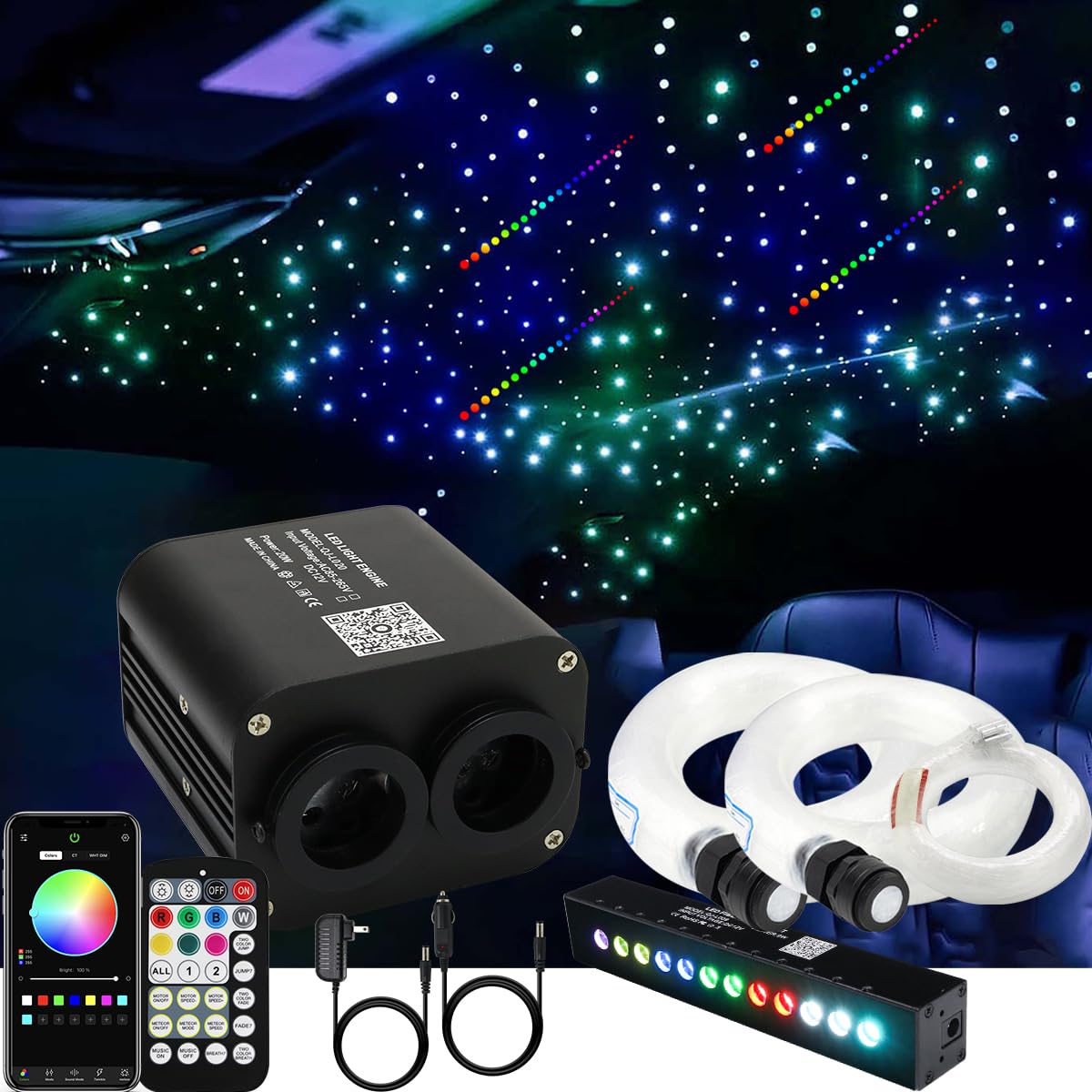 AZIMOM Dual Color 20w Twinkle Fiber Optic Starlight Headliner Kits 600pcs 0.03in 9.8ft, RGB Meteor Shooting Star, Sound Activated Remote APP Control Home Car Ceiling Décor