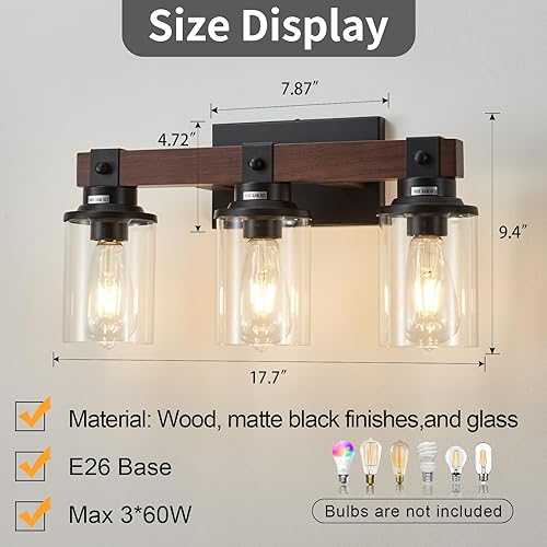 Miniatura 5 de Lámpara de tocador de madera de granja para baño, 3 luces de madera para tocador de baño, apliques rústicos con pantalla de metal para baño,