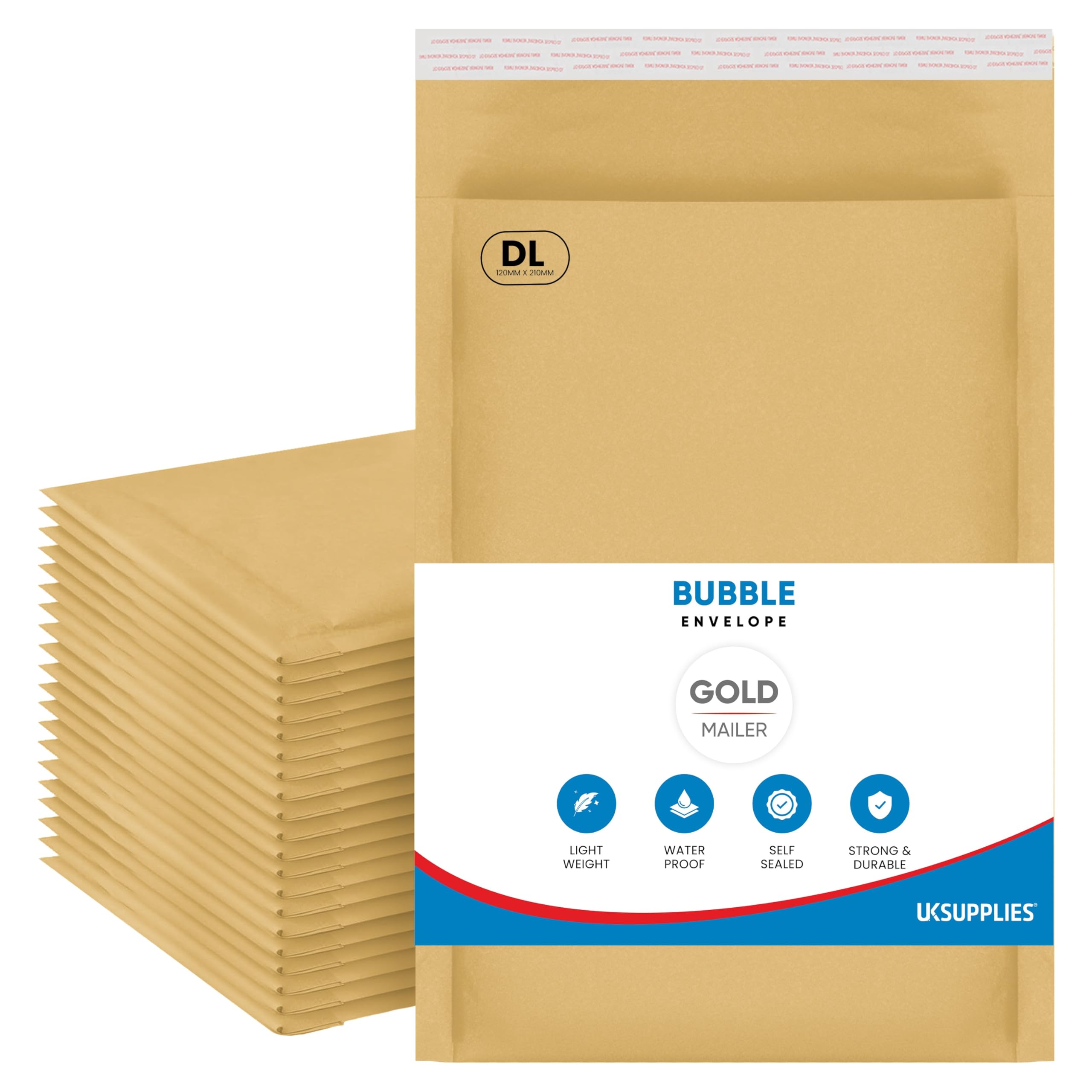 UK SUPPLIES LIMITED DL A6 A5 A4 A3 (Pick Size & Qty) Gold Padded Bubble Envelopes Peel & Seal Packaging Bags Bubble Mailers Postal Wrap Envelope Parcel for Mailing Goods, DL 120mm x 210mm 25 Pack โ image 1