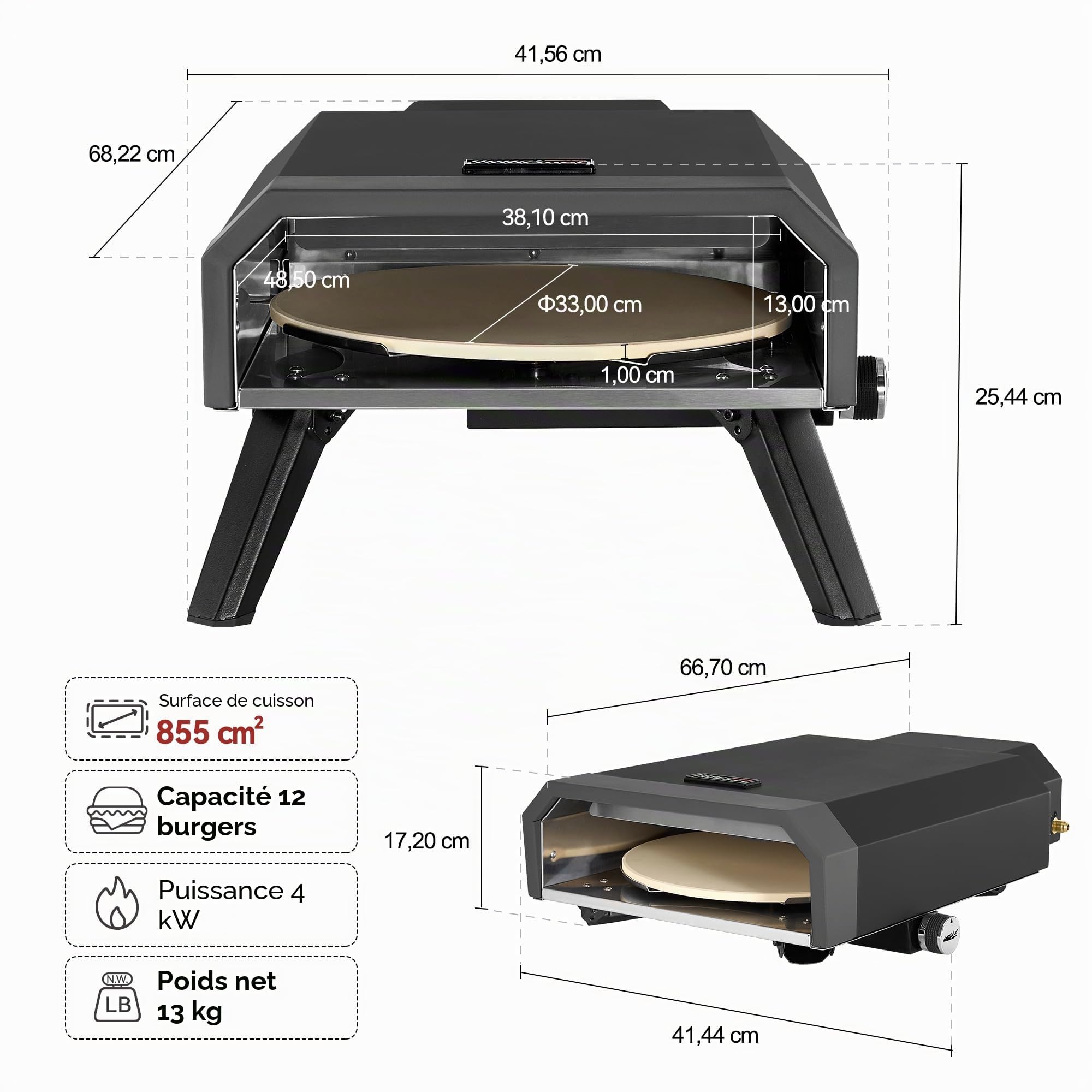 Royal Gourmet Four à pizza compact à gaz avec pierre à pizza 4 kW Four à gaz avec tuyau à gaz et régulateur Four avec pieds pliants pour camping en plein air