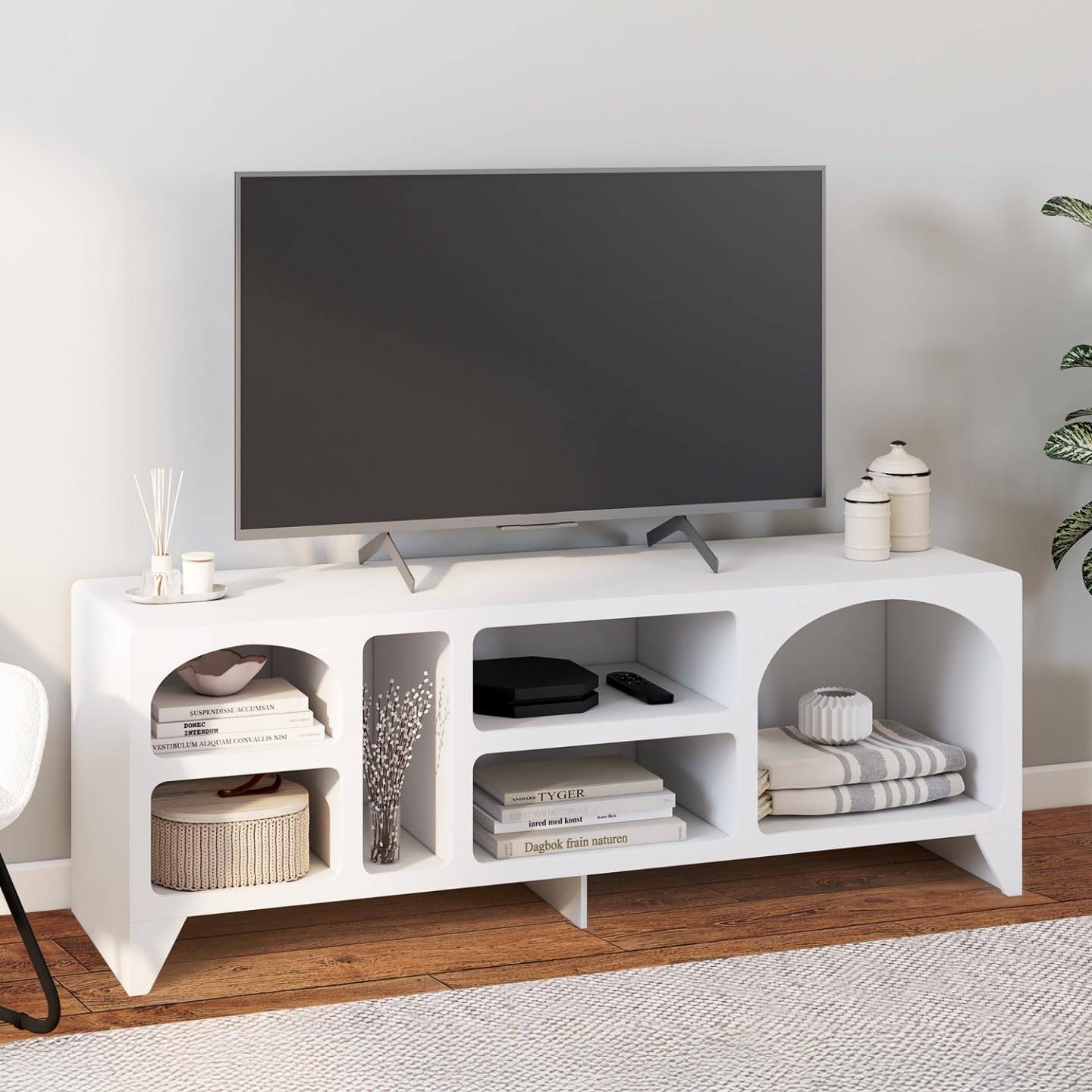 IDMarket - Meuble TV 140 cm Organique Alesia 6 niches Bois Blanc