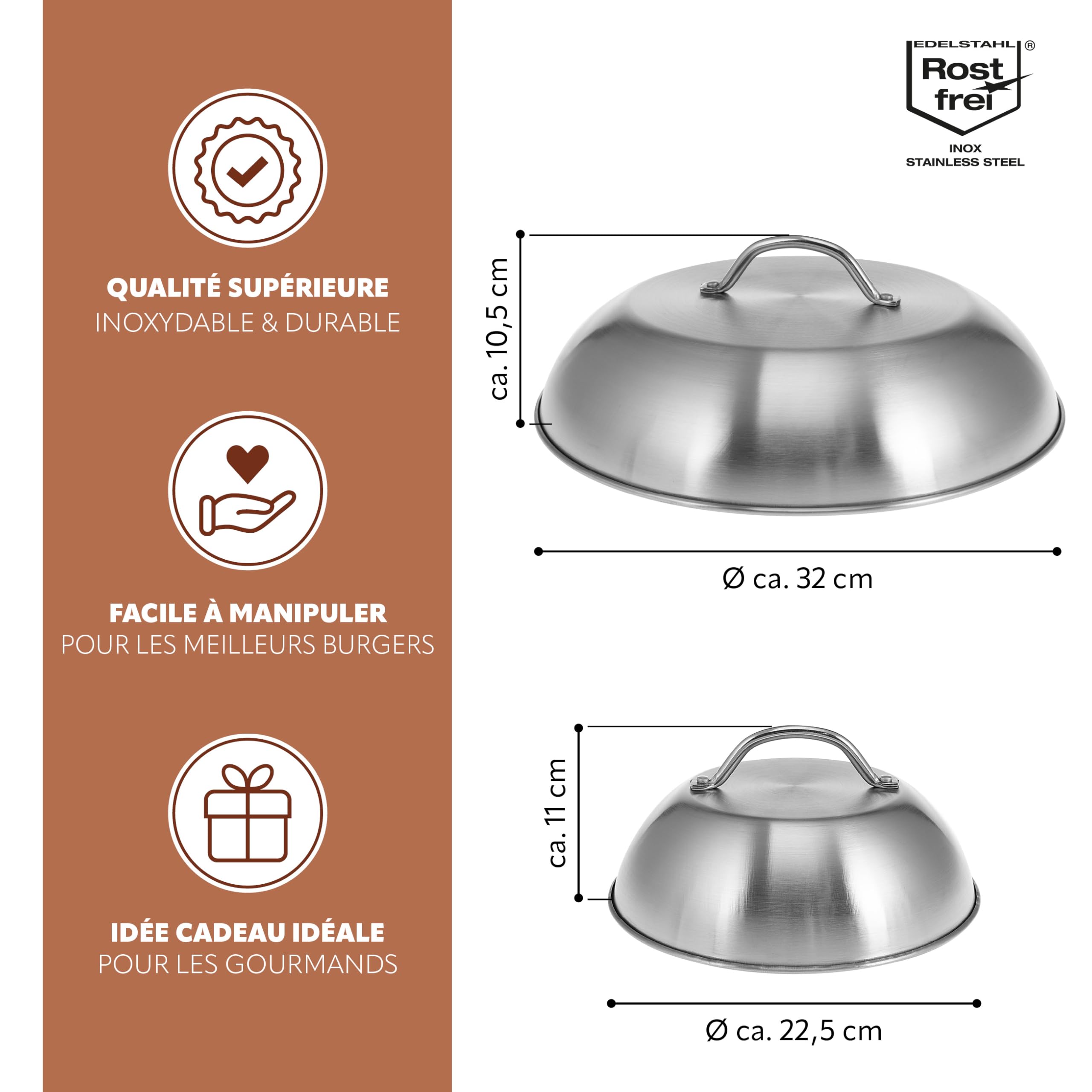 Bremermann Lot de 2 hottes à hamburger, cloche de cuisson, couvercle de barbecue, de cuisson en acier inoxydable, de 22,5 cm et 32 cm de diamètre