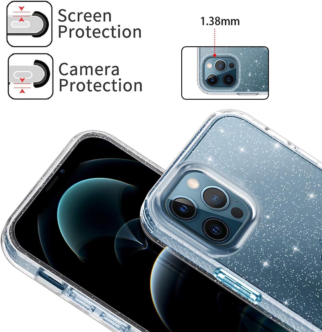 Lamcase Compatible with iPhone 12 Pro Max Case, Bling Sparkly Glitter Shiny Soft Flexible TPU Slim Fit Drop Protection Shockproof Cover Compatible with Apple iPhone 12 Pro Max 6.7 2020, Clear Glitter
