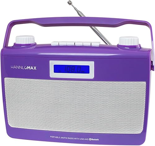 HANNLOMAX Radio AMFM portátil HX-500R, Bluetooth, puerto USB para reproducción de MP3, entrada auxiliar, fuente de alimentación dual ACDC. (morado)