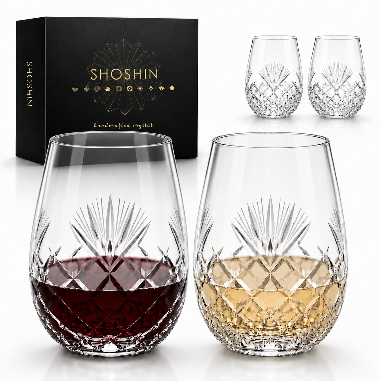 Hand Cut Stemless Wine Glass Set of 4, Large 18 oz Crystal Wine Glass, Wine Tumblers for Red and White Wine, Water Glasses, Drinking Glasses