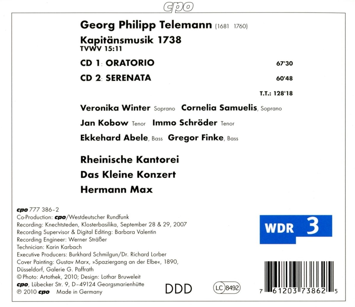 Telemann : Kapitänmusik 1738. Winter, Samuelis, Kowbow, Abele, Max.