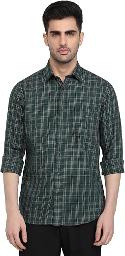 Colorplus Men Regular Fit Checks Pattern Pure Cotton Plain Collar Full Sleeve Casual Shirt