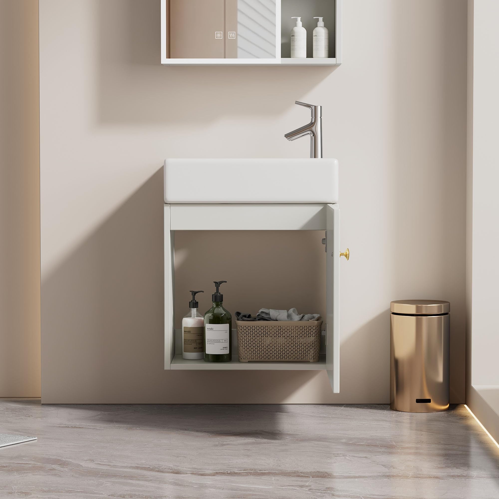 Meuble Salle de Bain avec Vasque Moderne, Vasque en Céramique avec Meuble Sous-vasque 46 cm, Meuble Vasque Suspendu, Petit Meuble Salle de Bain pour Invités, Meuble Vasque WC, Gris/Blanc/Naturel