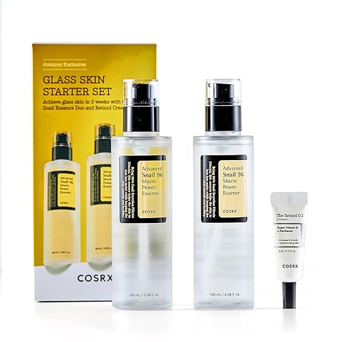 COSRX Juego de iniciación de Glass Skin para principiantes, Advanced Snail 96 Mucin Power Essence (3.38 onzas líquidas x 2) y Retinol 0.1 Cream Mini