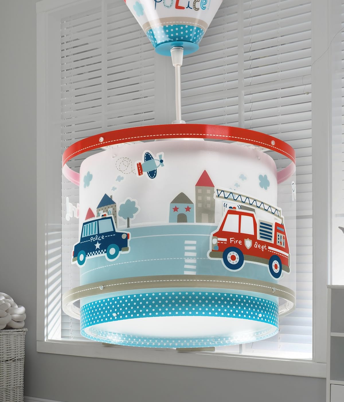 Dalber Lustre Chambre Lampe Suspension Plafonnier Pour Enfants, Police et Pompiers, Brille dans la Nuit, Blanc, 60612M, E27