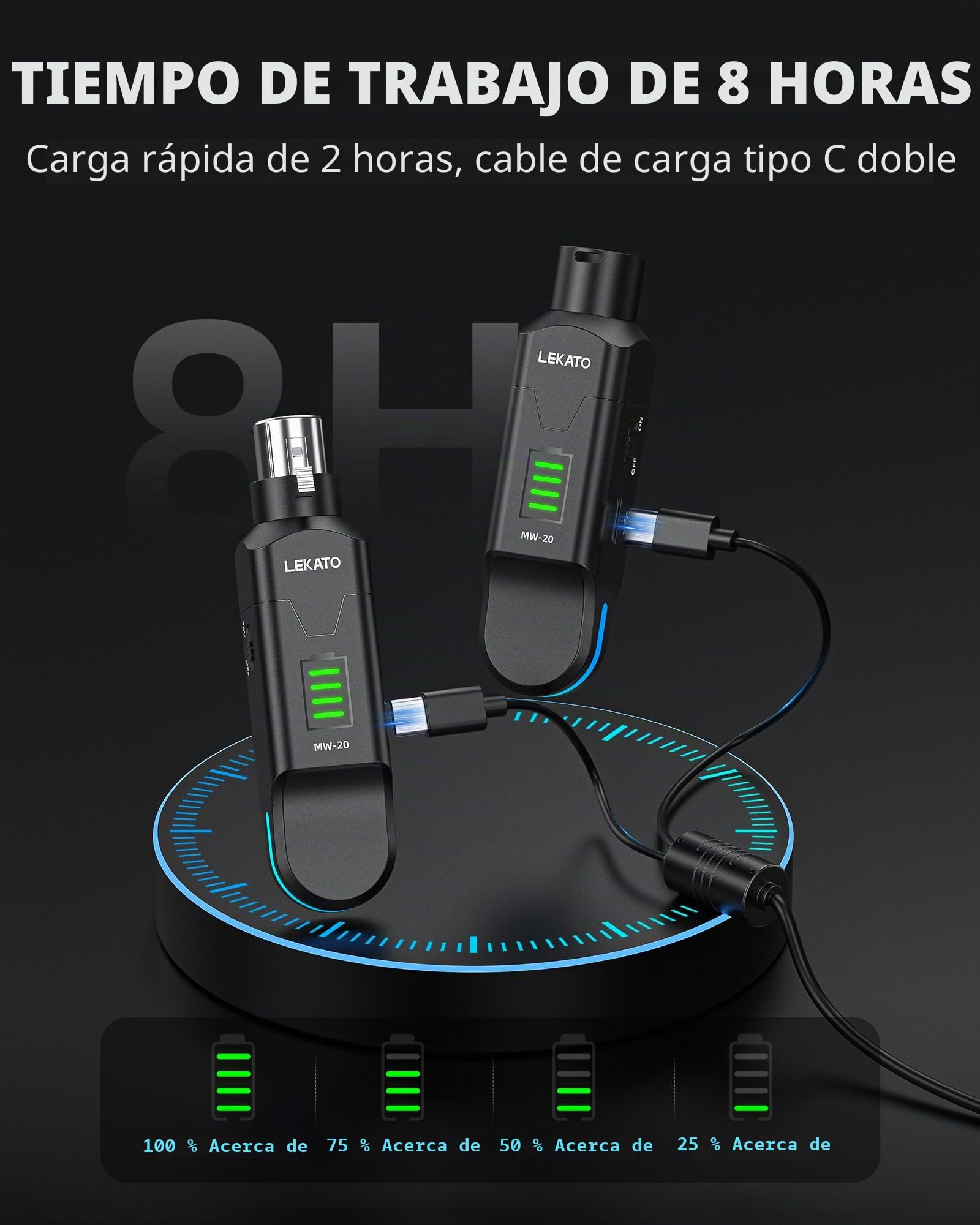 LEKATO Transmisor y receptor de micrófono XLR inalámbrico de 2.4 GHz, fuente de alimentación fantasma de 48 V, condensador/micrófonos dinámicos compatibles, Plug & Play, duración de 8 horas para