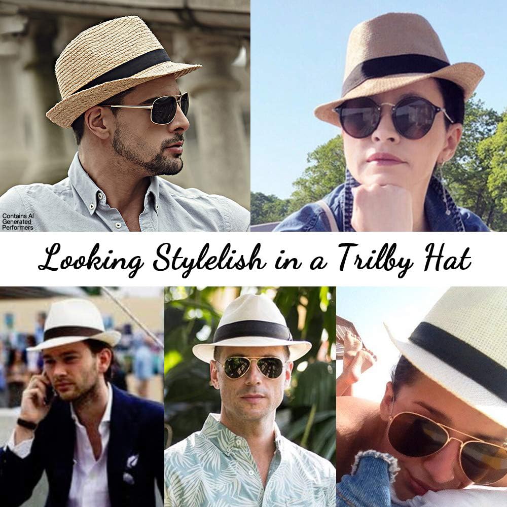 LADYBRO Chapeaux Fedora de paille XL pour homme, été, trilby, plage, voyage, Panama, décontracté, 7 1/2